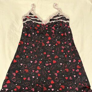 Laura Ashley Gown Chemise Dress Size Med Black with Pink & Red Hearts